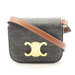 Celine Claude Triomphe Shoulder Bag Canvas Leather Black Brown